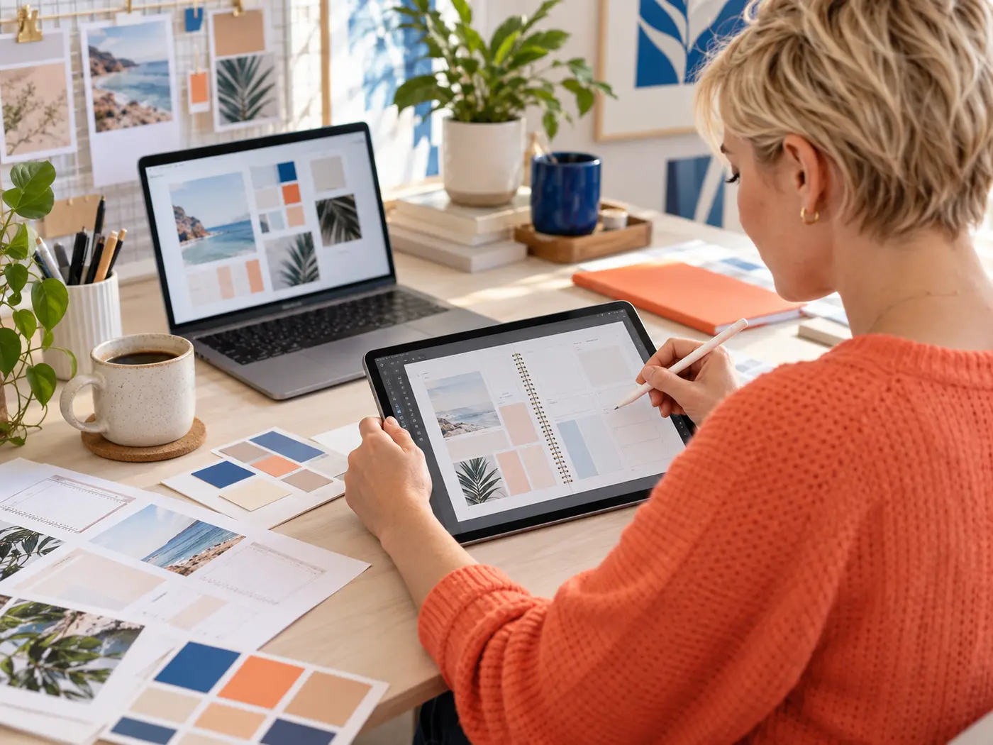A mother creating digital products at her home workspace