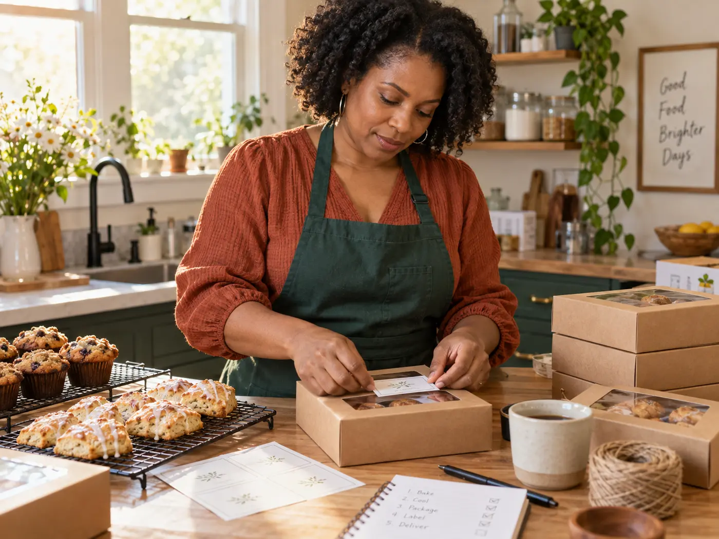 A mother preparing packaged baked goods in her home kitchen