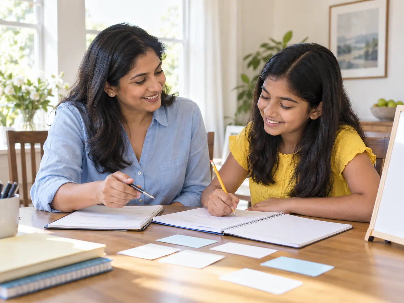 A mother tutoring a child at a bright home table