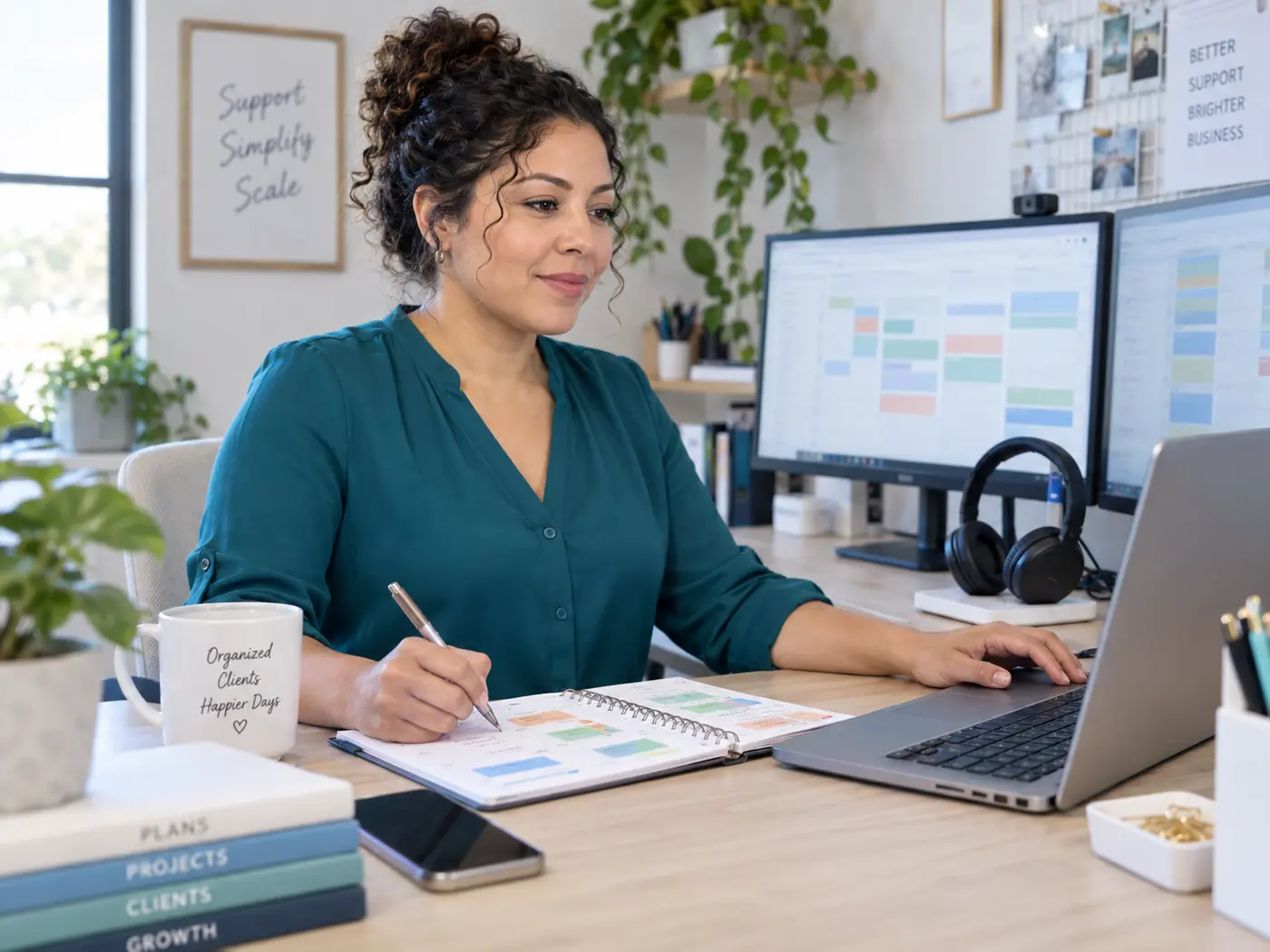 A mother organizing client work as a virtual assistant from home